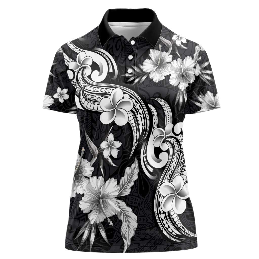 Hawaiian-Polynesian Art Tattoo Women Polo Shirt Hibiscus and Plumeria Grayscale LT03 Female Black - Polynesian Pride