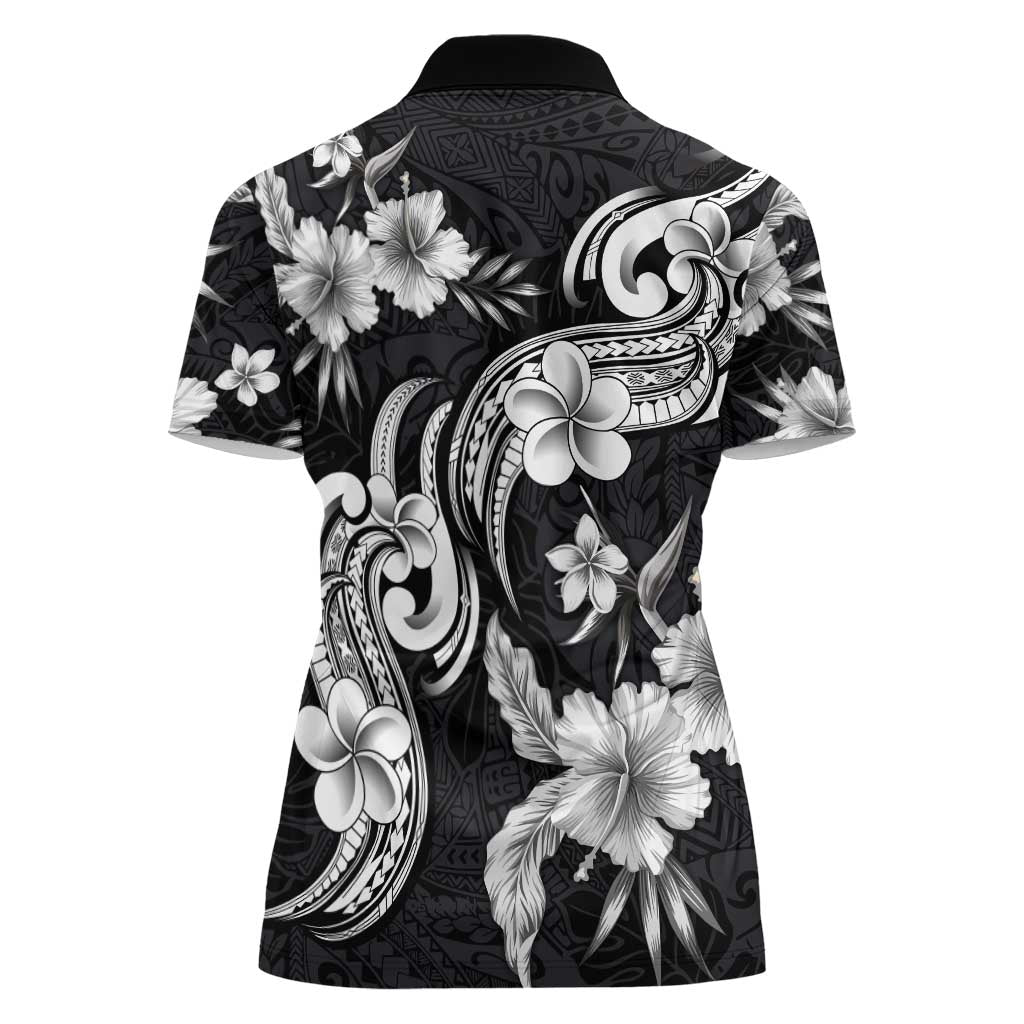 Hawaiian-Polynesian Art Tattoo Women Polo Shirt Hibiscus and Plumeria Grayscale LT03 - Polynesian Pride