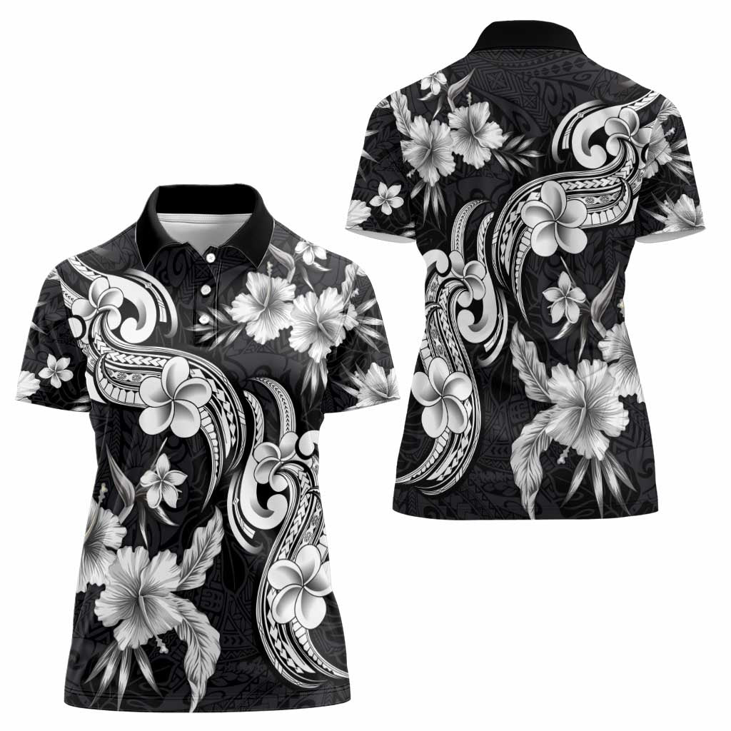 Hawaiian-Polynesian Art Tattoo Women Polo Shirt Hibiscus and Plumeria Grayscale LT03 - Polynesian Pride