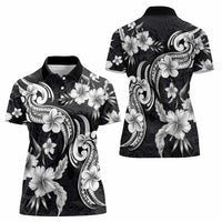 Hawaiian-Polynesian Art Tattoo Women Polo Shirt Hibiscus and Plumeria Grayscale LT03 - Polynesian Pride