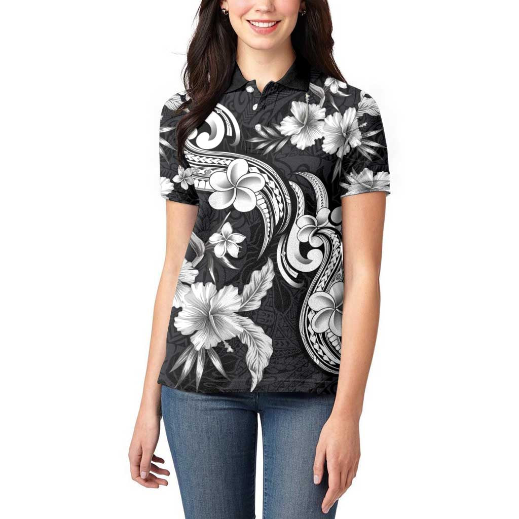 Hawaiian-Polynesian Art Tattoo Women Polo Shirt Hibiscus and Plumeria Grayscale LT03 - Polynesian Pride