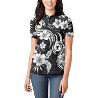 Hawaiian-Polynesian Art Tattoo Women Polo Shirt Hibiscus and Plumeria Grayscale LT03 - Polynesian Pride