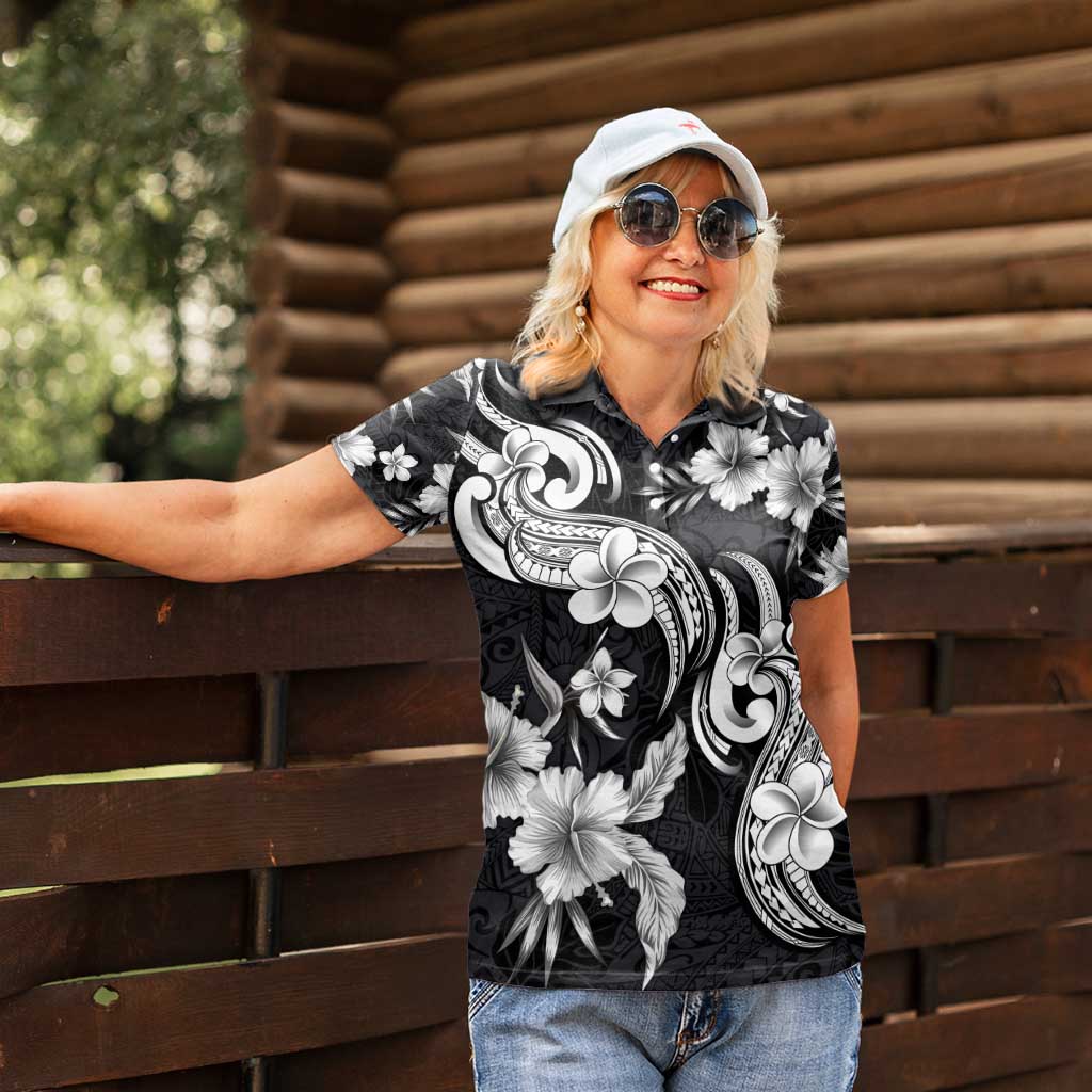 Hawaiian-Polynesian Art Tattoo Women Polo Shirt Hibiscus and Plumeria Grayscale LT03 - Polynesian Pride