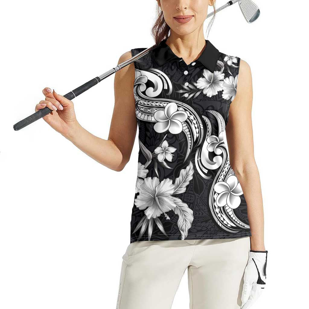 Hawaiian-Polynesian Art Tattoo Women Sleeveless Polo Shirt Hibiscus and Plumeria Grayscale LT03 - Polynesian Pride