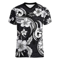 Hawaiian-Polynesian Art Tattoo Women V-Neck T-Shirt Hibiscus and Plumeria Grayscale LT03 Female Black - Polynesian Pride