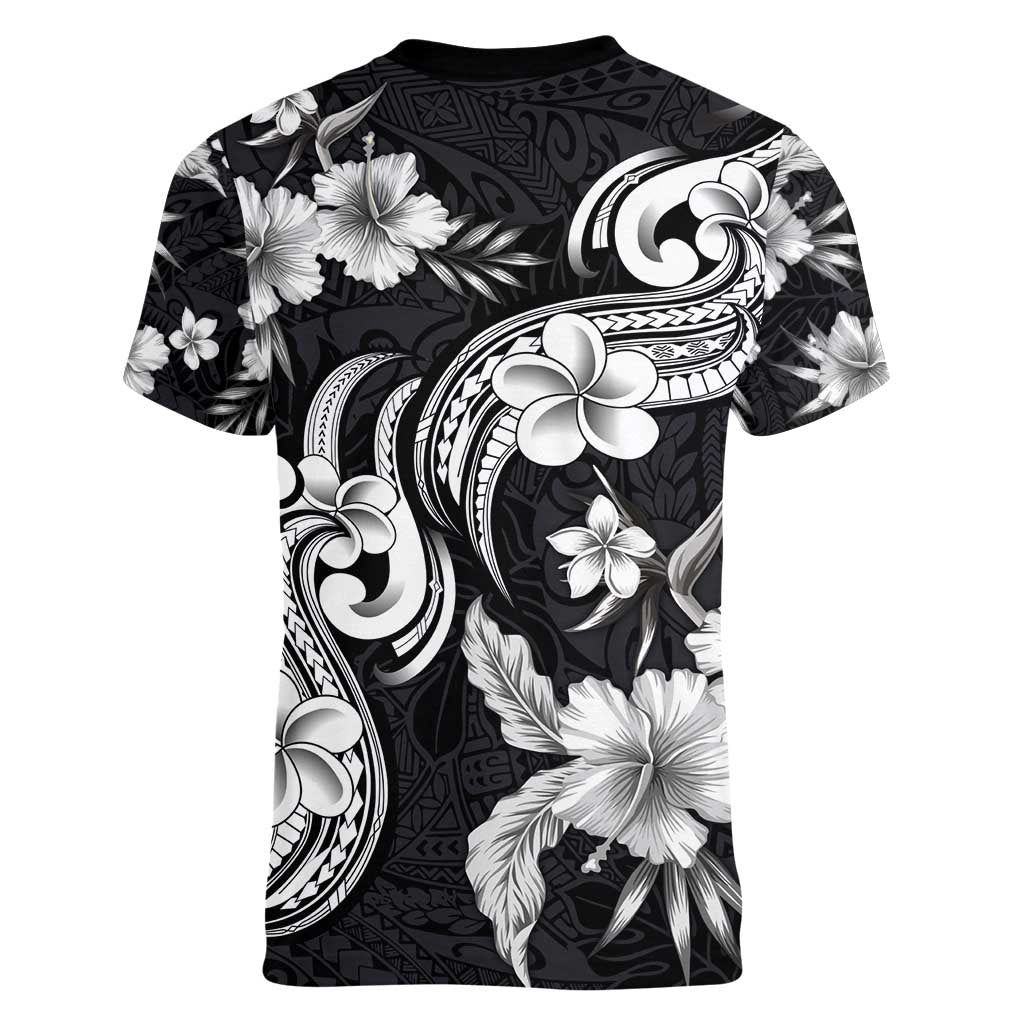 Hawaiian-Polynesian Art Tattoo Women V-Neck T-Shirt Hibiscus and Plumeria Grayscale LT03 - Polynesian Pride