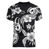 Hawaiian-Polynesian Art Tattoo Women V-Neck T-Shirt Hibiscus and Plumeria Grayscale LT03 - Polynesian Pride