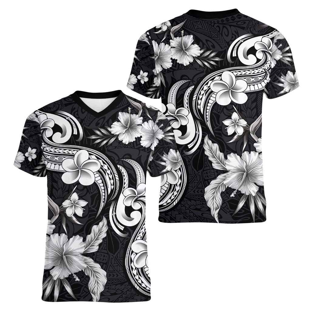 Hawaiian-Polynesian Art Tattoo Women V-Neck T-Shirt Hibiscus and Plumeria Grayscale LT03 - Polynesian Pride