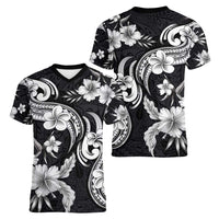 Hawaiian-Polynesian Art Tattoo Women V-Neck T-Shirt Hibiscus and Plumeria Grayscale LT03 - Polynesian Pride