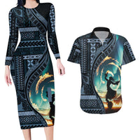 Samoan Siapo Motif and Siva Afi Dance Couples Matching Long Sleeve Bodycon Dress and Hawaiian Shirt LT03 Blue - Polynesian Pride