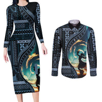 Samoan Siapo Motif and Siva Afi Dance Couples Matching Long Sleeve Bodycon Dress and Long Sleeve Button Shirt LT03 Blue - Polynesian Pride