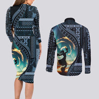 Samoan Siapo Motif and Siva Afi Dance Couples Matching Long Sleeve Bodycon Dress and Long Sleeve Button Shirt LT03 - Polynesian Pride