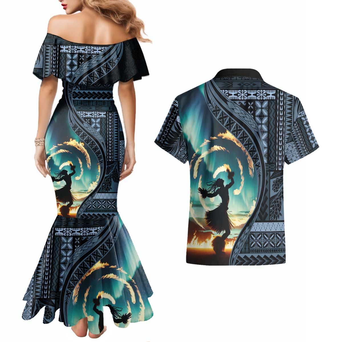 Samoan Siapo Motif and Siva Afi Dance Couples Matching Mermaid Dress and Hawaiian Shirt LT03 - Polynesian Pride