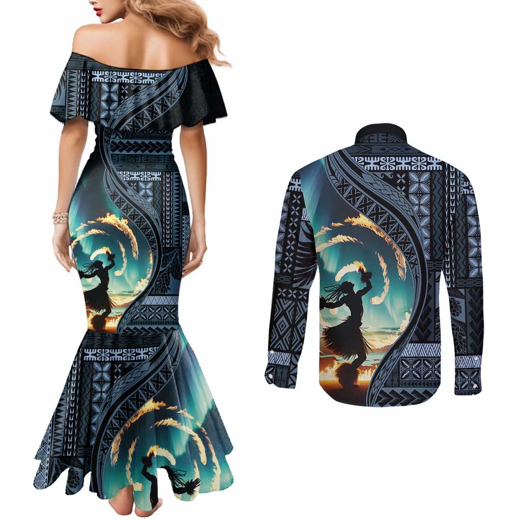 Samoan Siapo Motif and Siva Afi Dance Couples Matching Mermaid Dress and Long Sleeve Button Shirt LT03 - Polynesian Pride