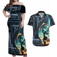 Samoan Siapo Motif and Siva Afi Dance Couples Matching Off Shoulder Maxi Dress and Hawaiian Shirt LT03 Blue - Polynesian Pride
