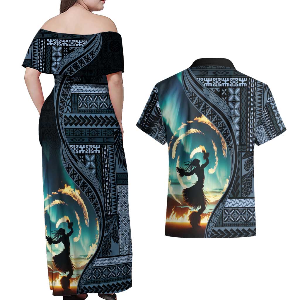Samoan Siapo Motif and Siva Afi Dance Couples Matching Off Shoulder Maxi Dress and Hawaiian Shirt LT03 - Polynesian Pride