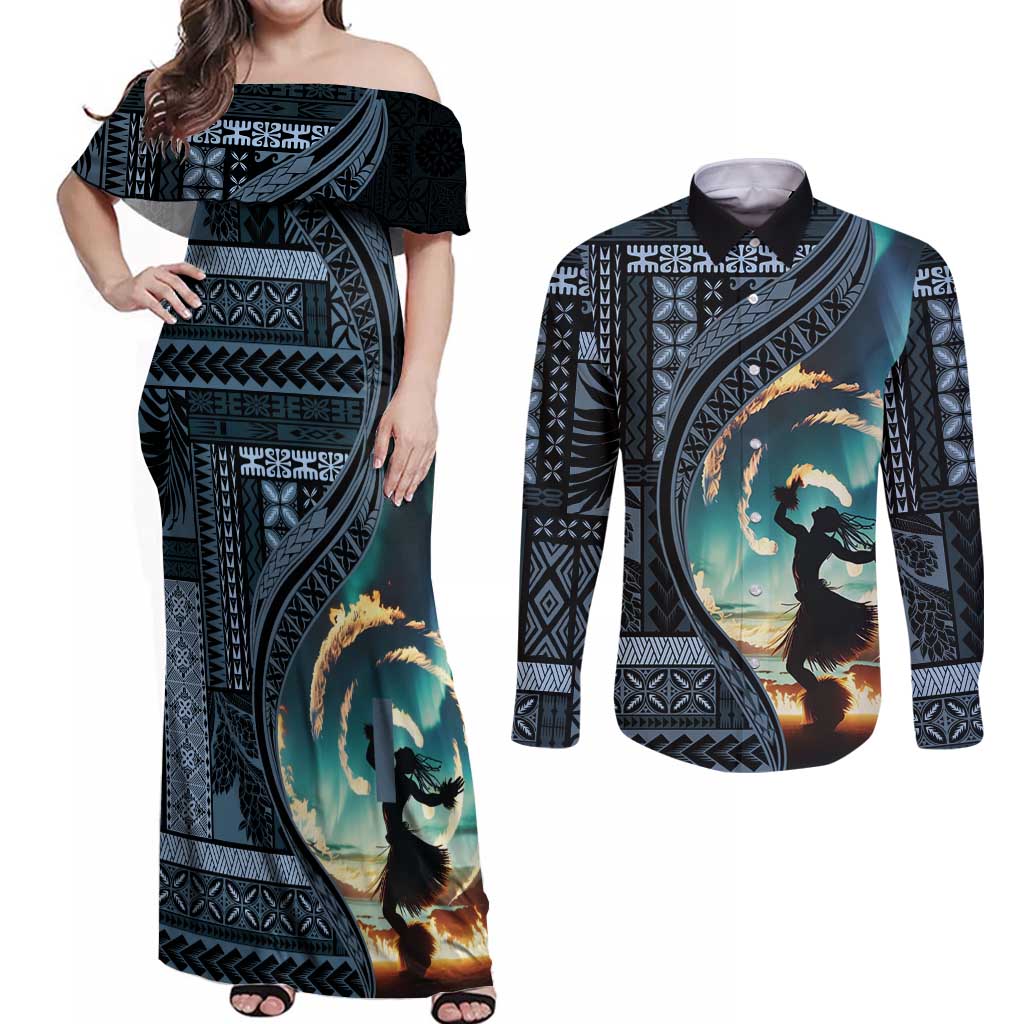 Samoan Siapo Motif and Siva Afi Dance Couples Matching Off Shoulder Maxi Dress and Long Sleeve Button Shirt LT03 Blue - Polynesian Pride