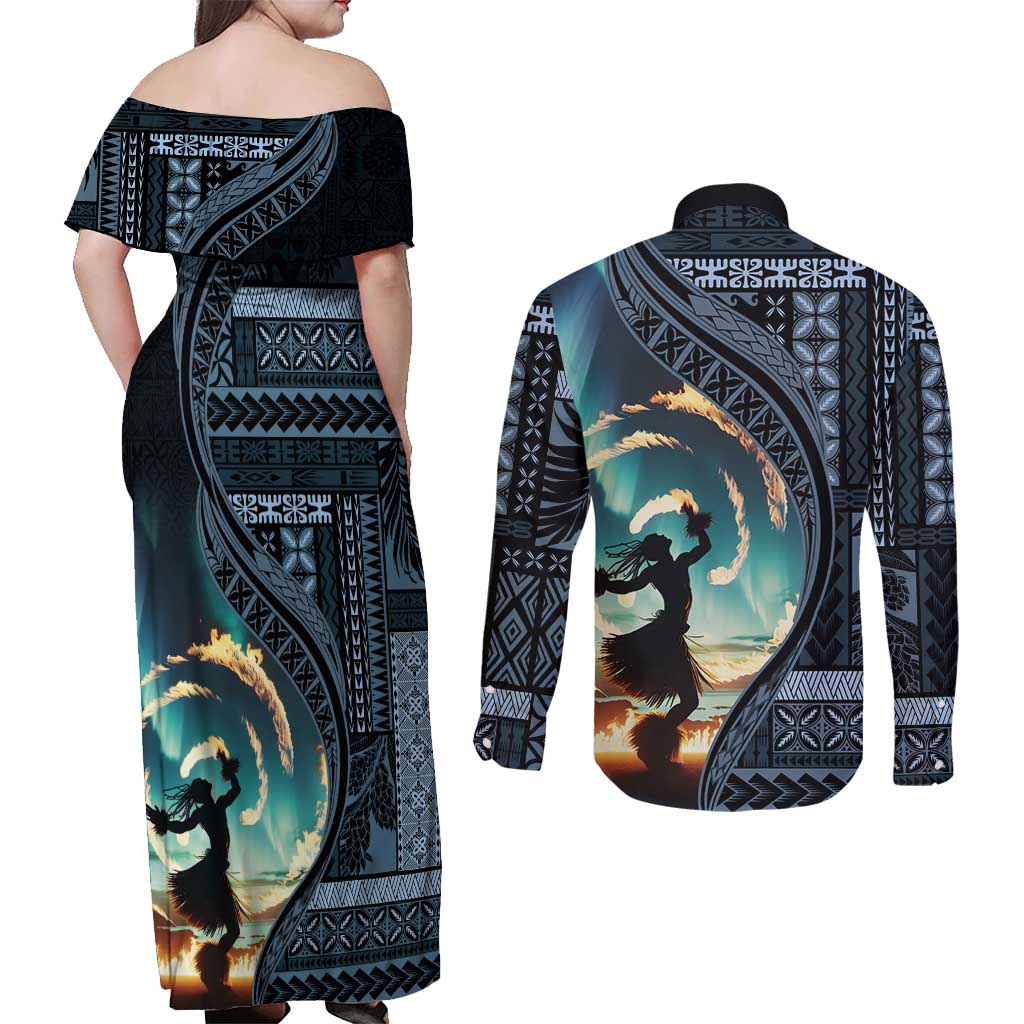 Samoan Siapo Motif and Siva Afi Dance Couples Matching Off Shoulder Maxi Dress and Long Sleeve Button Shirt LT03 - Polynesian Pride