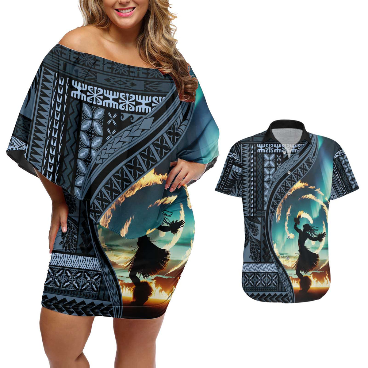 Samoan Siapo Motif and Siva Afi Dance Couples Matching Off Shoulder Short Dress and Hawaiian Shirt LT03 Blue - Polynesian Pride