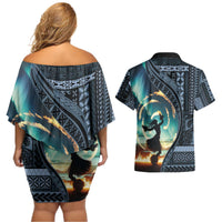 Samoan Siapo Motif and Siva Afi Dance Couples Matching Off Shoulder Short Dress and Hawaiian Shirt LT03 - Polynesian Pride