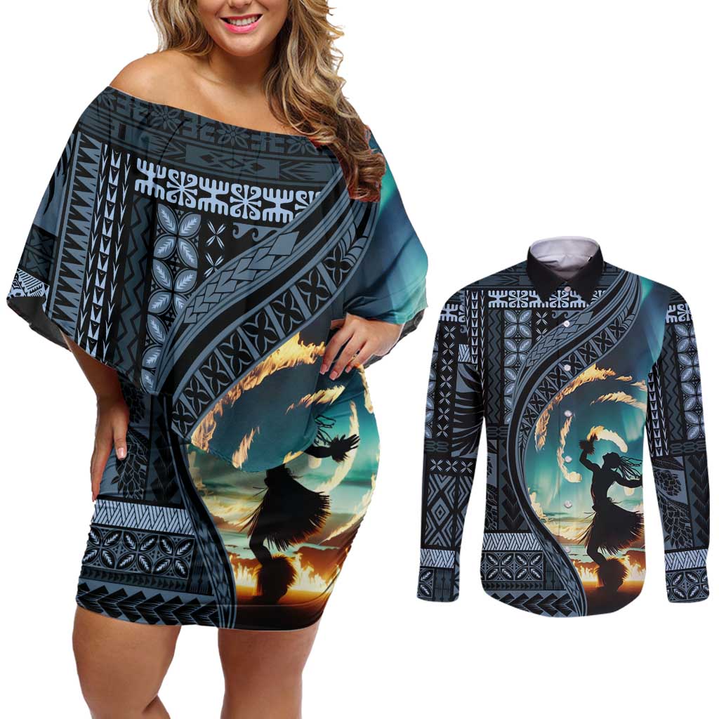 Samoan Siapo Motif and Siva Afi Dance Couples Matching Off Shoulder Short Dress and Long Sleeve Button Shirt LT03 Blue - Polynesian Pride