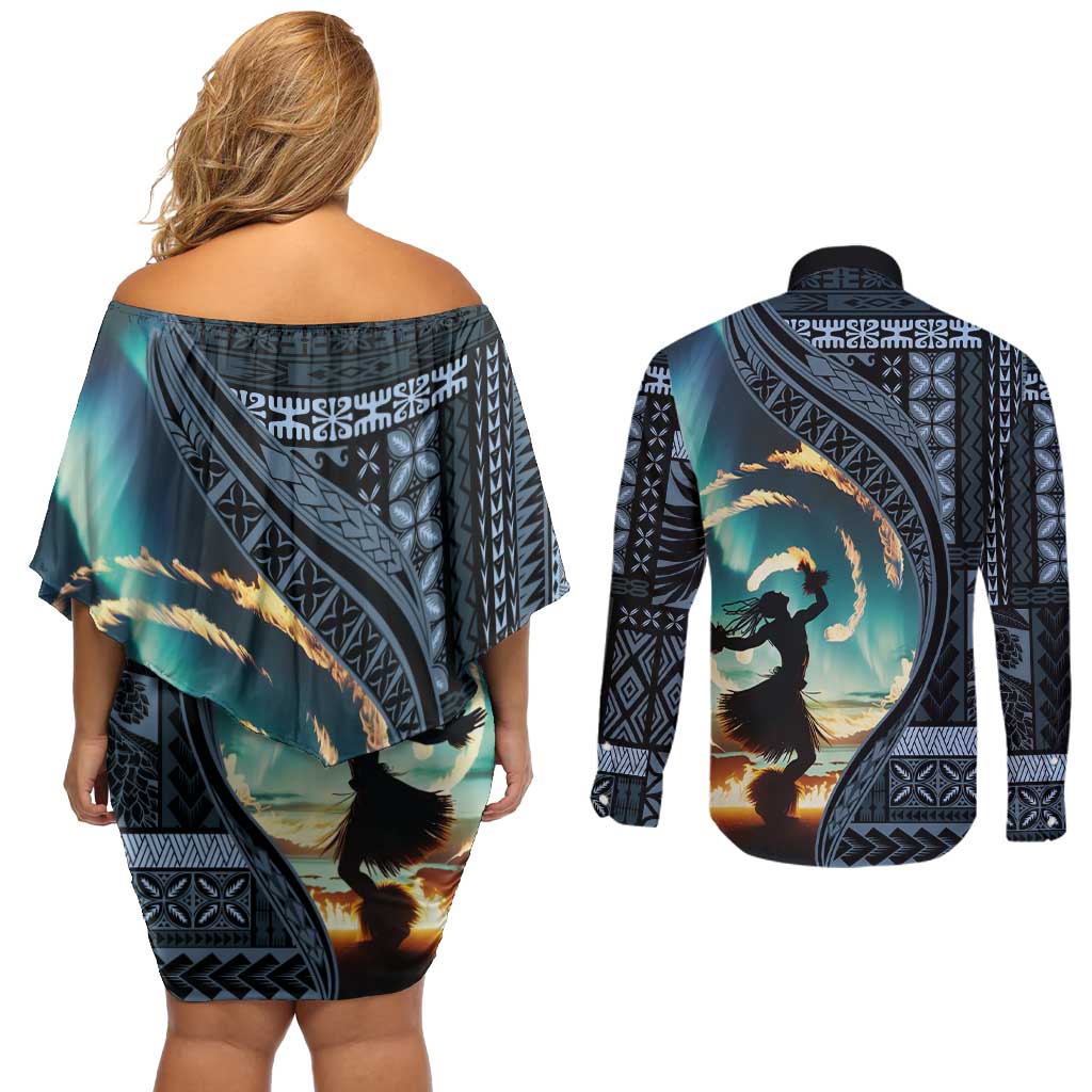 Samoan Siapo Motif and Siva Afi Dance Couples Matching Off Shoulder Short Dress and Long Sleeve Button Shirt LT03 - Polynesian Pride