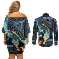 Samoan Siapo Motif and Siva Afi Dance Couples Matching Off Shoulder Short Dress and Long Sleeve Button Shirt LT03 - Polynesian Pride