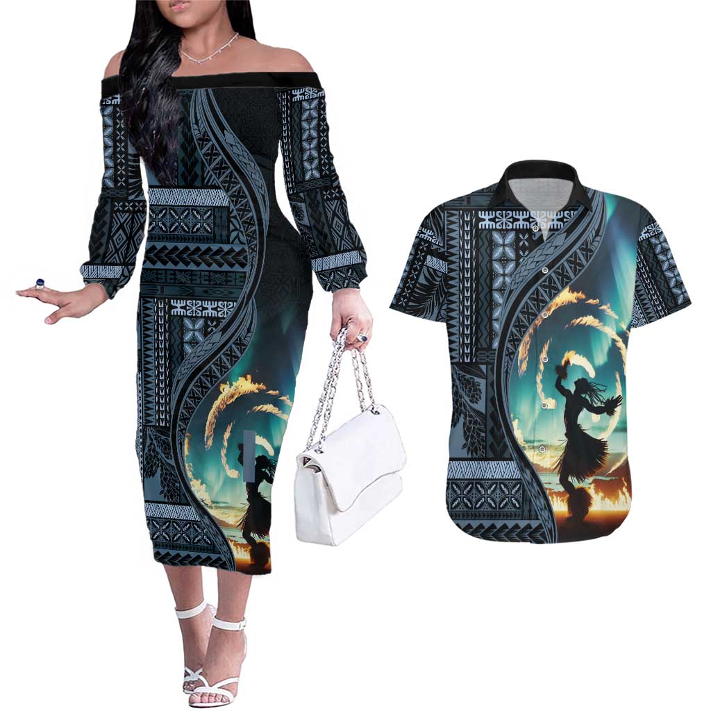 Samoan Siapo Motif and Siva Afi Dance Couples Matching Off The Shoulder Long Sleeve Dress and Hawaiian Shirt LT03 Blue - Polynesian Pride