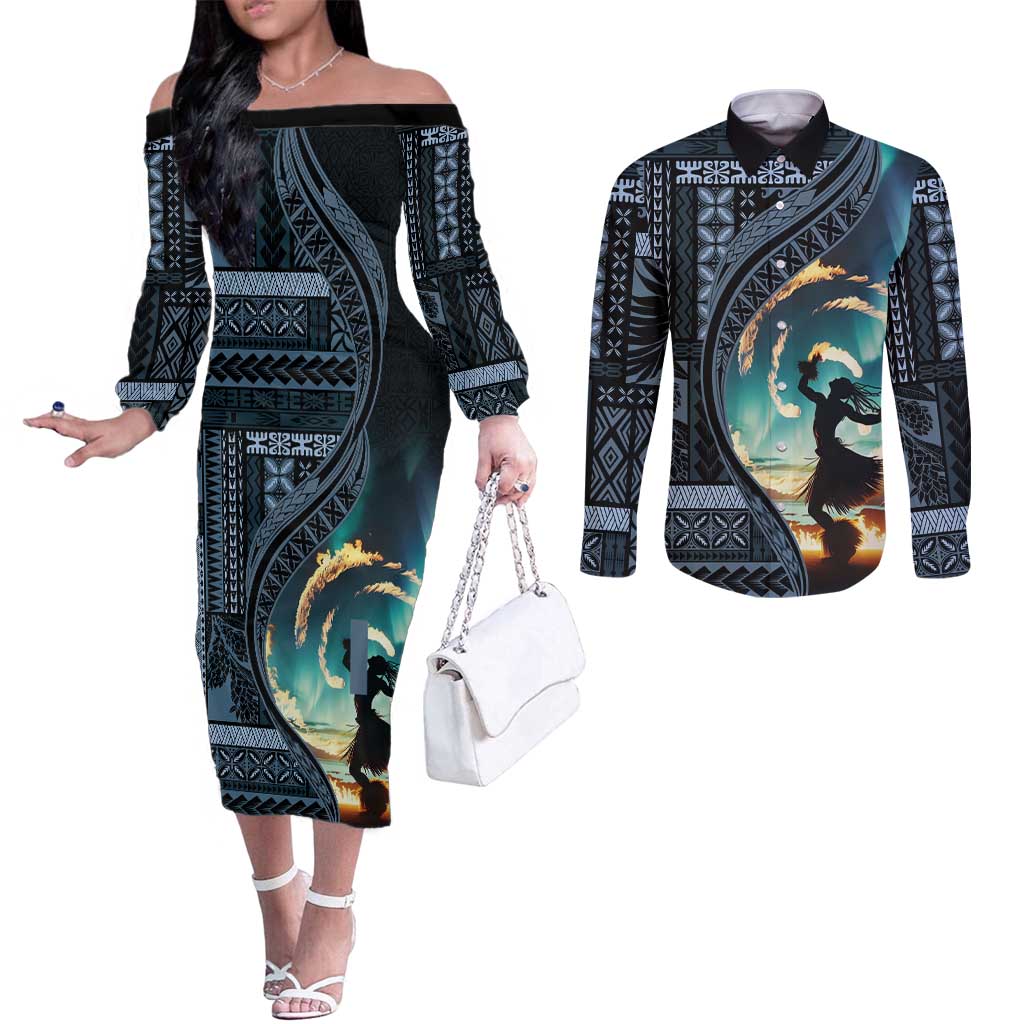 Samoan Siapo Motif and Siva Afi Dance Couples Matching Off The Shoulder Long Sleeve Dress and Long Sleeve Button Shirt LT03 Blue - Polynesian Pride