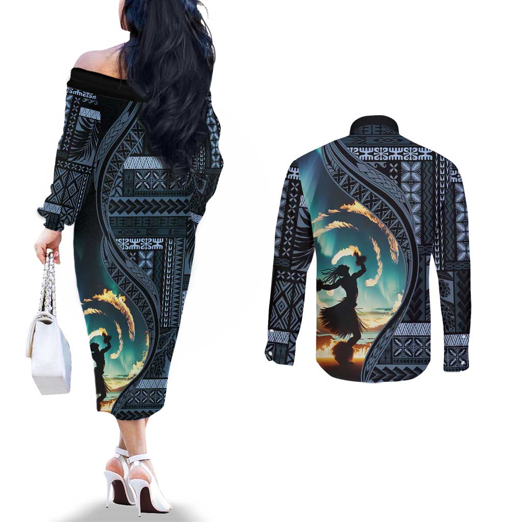 Samoan Siapo Motif and Siva Afi Dance Couples Matching Off The Shoulder Long Sleeve Dress and Long Sleeve Button Shirt LT03 - Polynesian Pride