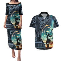 Samoan Siapo Motif and Siva Afi Dance Couples Matching Puletasi and Hawaiian Shirt LT03 Blue - Polynesian Pride