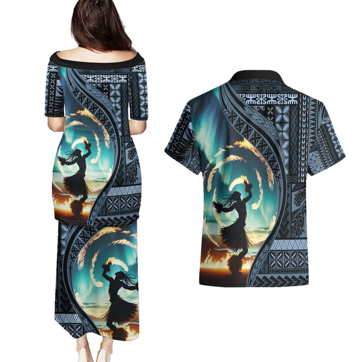 Samoan Siapo Motif and Siva Afi Dance Couples Matching Puletasi and Hawaiian Shirt LT03 - Polynesian Pride