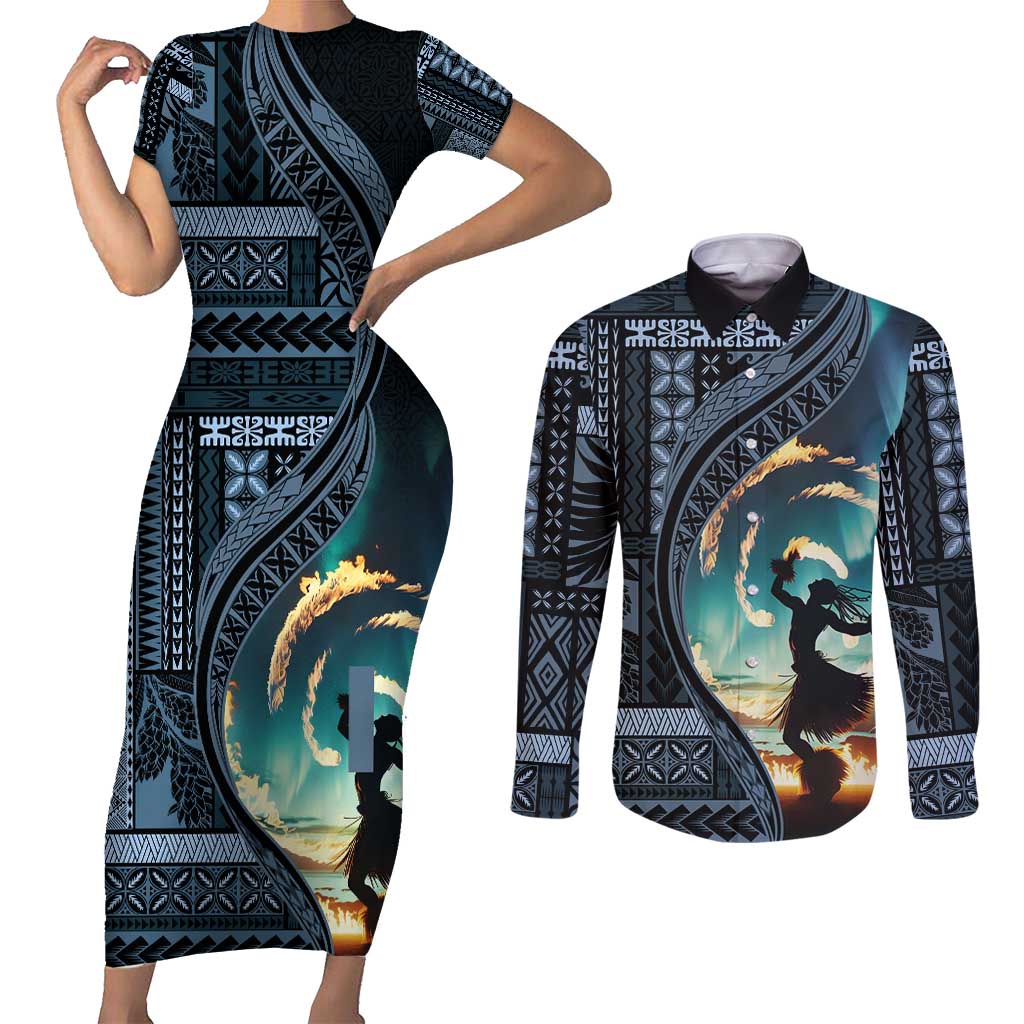 Samoan Siapo Motif and Siva Afi Dance Couples Matching Short Sleeve Bodycon Dress and Long Sleeve Button Shirt LT03 Blue - Polynesian Pride