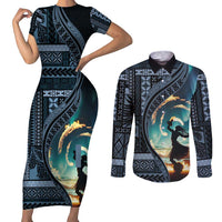 Samoan Siapo Motif and Siva Afi Dance Couples Matching Short Sleeve Bodycon Dress and Long Sleeve Button Shirt LT03 Blue - Polynesian Pride