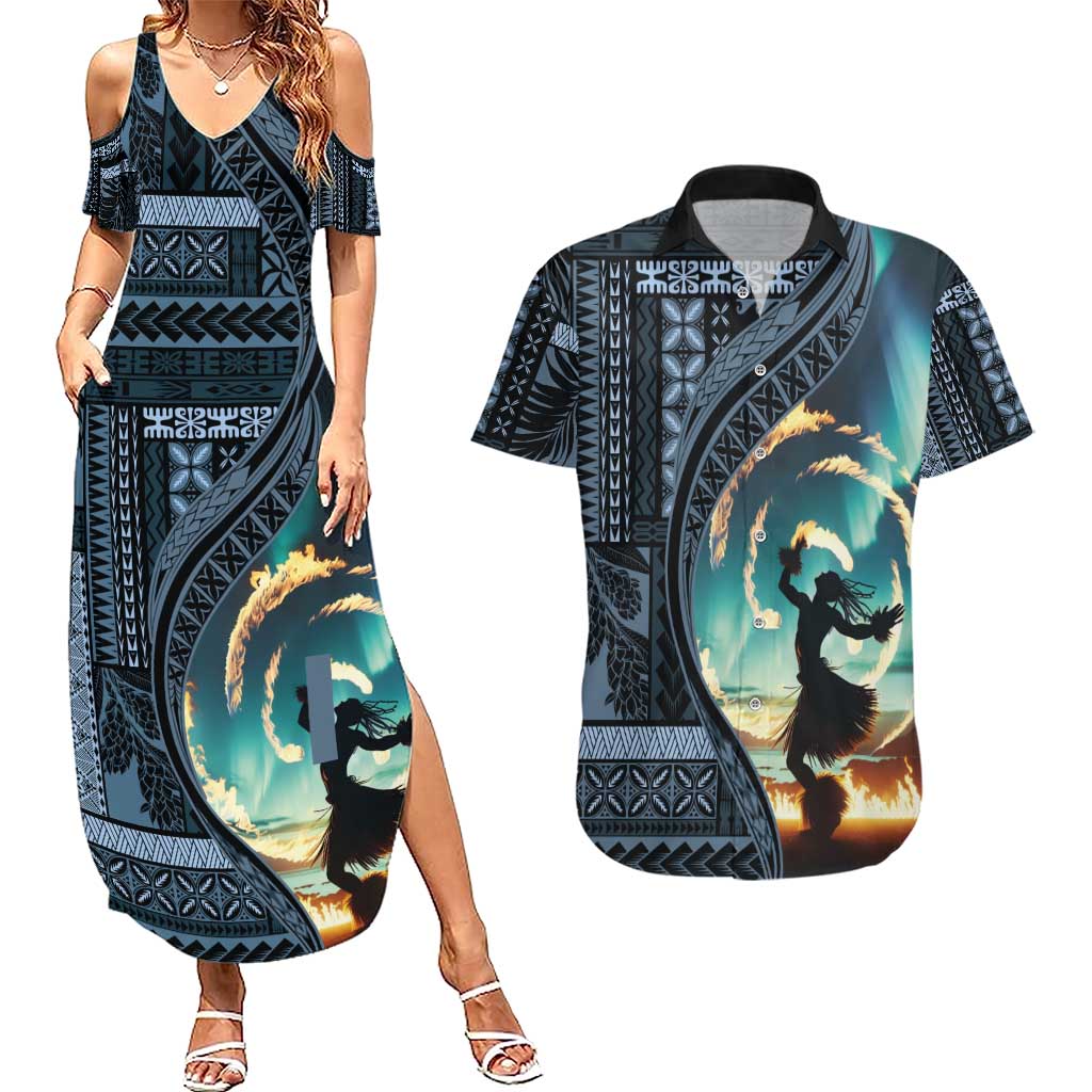 Samoan Siapo Motif and Siva Afi Dance Couples Matching Summer Maxi Dress and Hawaiian Shirt LT03 Blue - Polynesian Pride