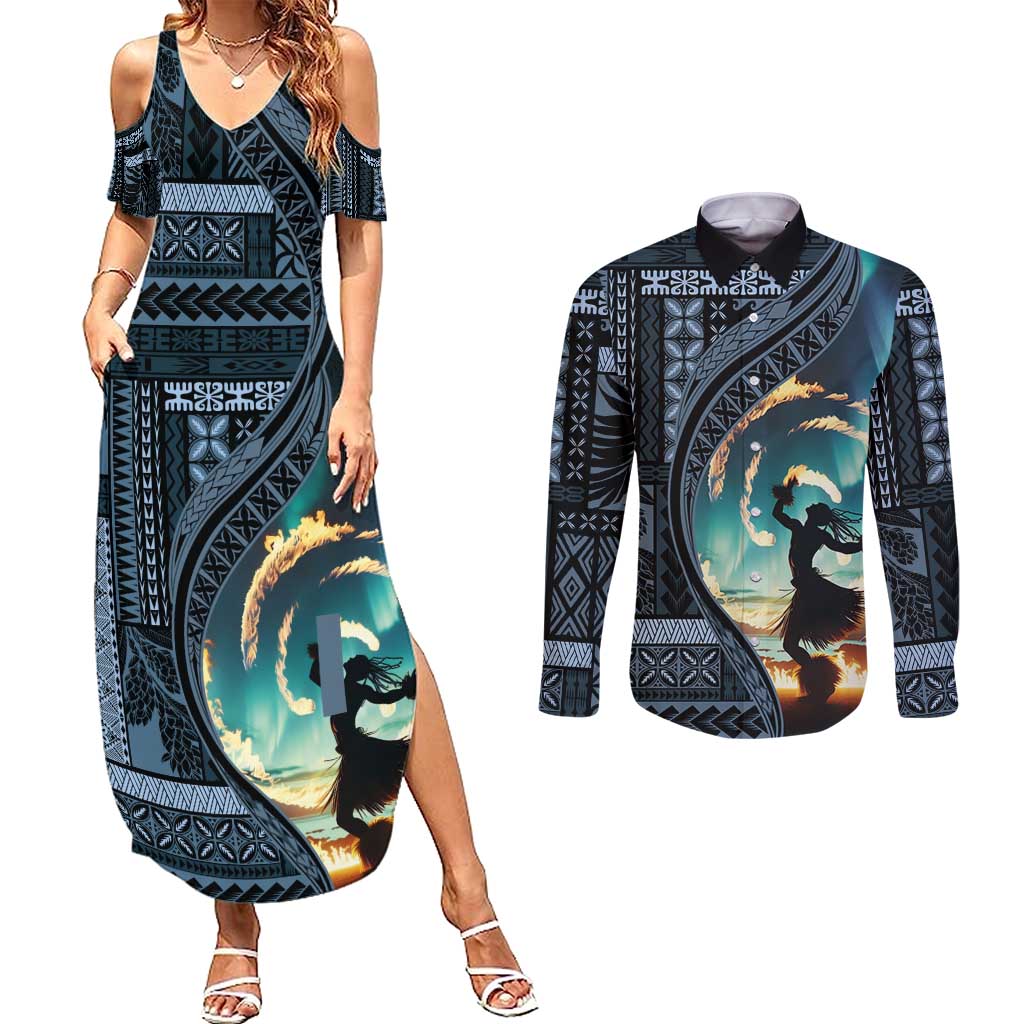 Samoan Siapo Motif and Siva Afi Dance Couples Matching Summer Maxi Dress and Long Sleeve Button Shirt LT03 Blue - Polynesian Pride