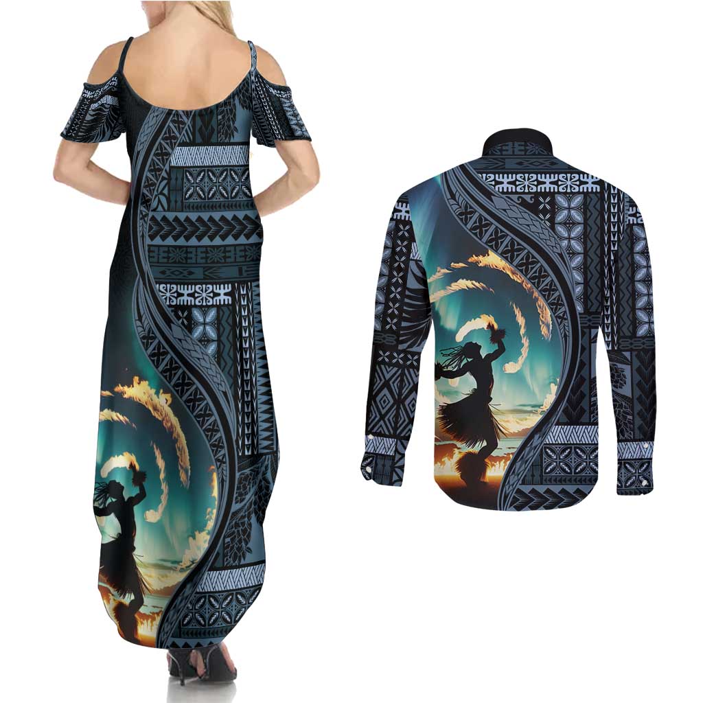 Samoan Siapo Motif and Siva Afi Dance Couples Matching Summer Maxi Dress and Long Sleeve Button Shirt LT03 - Polynesian Pride