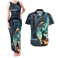 Samoan Siapo Motif and Siva Afi Dance Couples Matching Tank Maxi Dress and Hawaiian Shirt LT03 Blue - Polynesian Pride