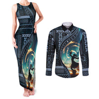 Samoan Siapo Motif and Siva Afi Dance Couples Matching Tank Maxi Dress and Long Sleeve Button Shirt LT03 Blue - Polynesian Pride