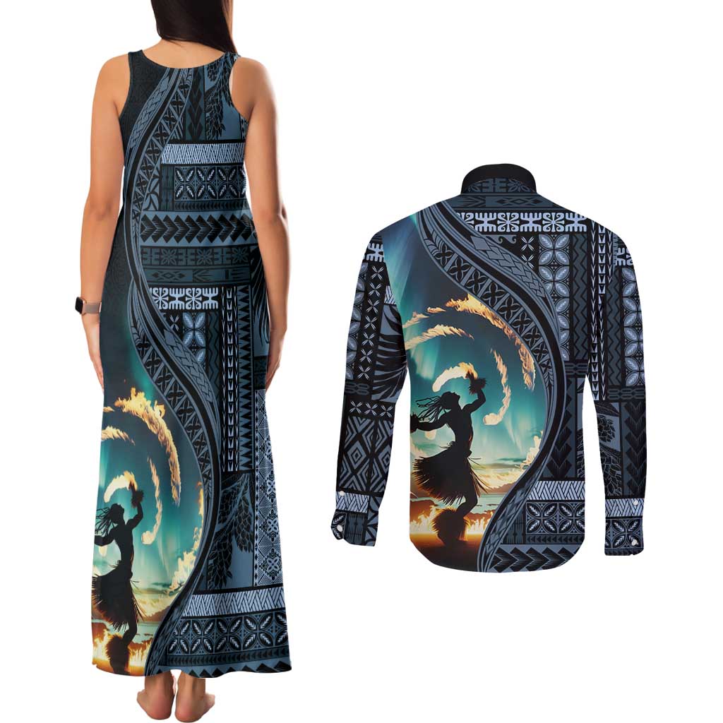 Samoan Siapo Motif and Siva Afi Dance Couples Matching Tank Maxi Dress and Long Sleeve Button Shirt LT03 - Polynesian Pride