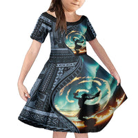 Samoan Siapo Motif and Siva Afi Dance Family Matching Long Sleeve Bodycon Dress and Hawaiian Shirt LT03 Daughter's Dress Blue - Polynesian Pride