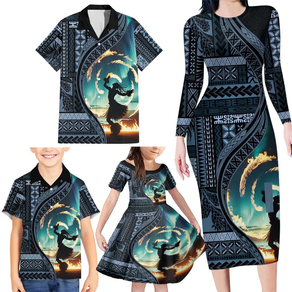 Samoan Siapo Motif and Siva Afi Dance Family Matching Long Sleeve Bodycon Dress and Hawaiian Shirt LT03 - Polynesian Pride
