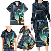 Samoan Siapo Motif and Siva Afi Dance Family Matching Long Sleeve Bodycon Dress and Hawaiian Shirt LT03 - Polynesian Pride
