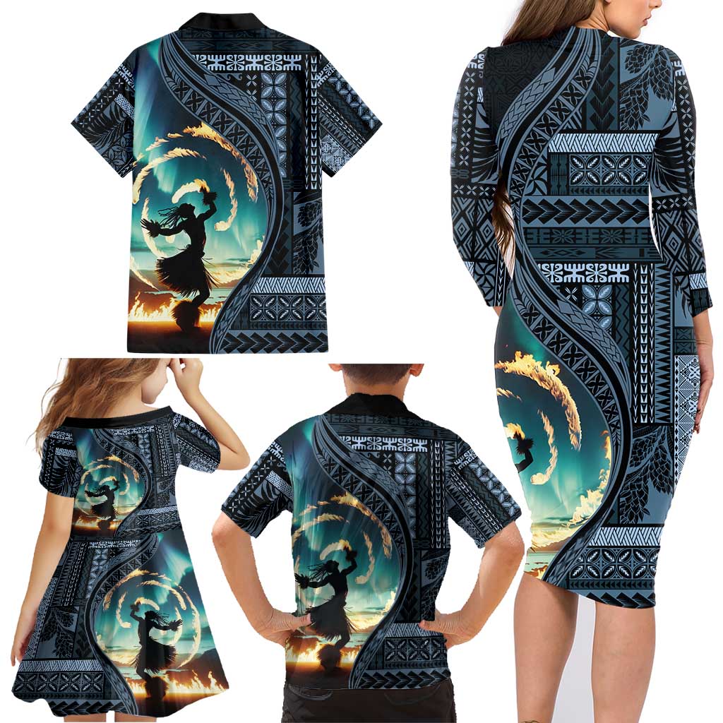 Samoan Siapo Motif and Siva Afi Dance Family Matching Long Sleeve Bodycon Dress and Hawaiian Shirt LT03 - Polynesian Pride