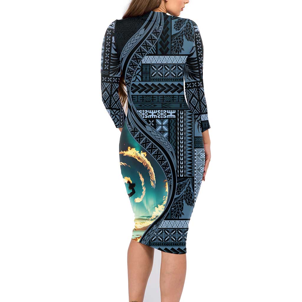 Samoan Siapo Motif and Siva Afi Dance Family Matching Long Sleeve Bodycon Dress and Hawaiian Shirt LT03 - Polynesian Pride