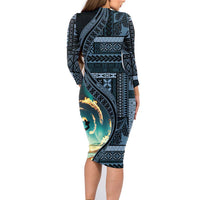 Samoan Siapo Motif and Siva Afi Dance Family Matching Long Sleeve Bodycon Dress and Hawaiian Shirt LT03 - Polynesian Pride
