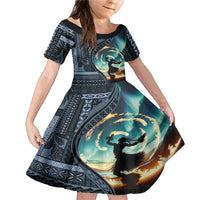 Samoan Siapo Motif and Siva Afi Dance Family Matching Mermaid Dress and Hawaiian Shirt LT03 Daughter's Dress Blue - Polynesian Pride