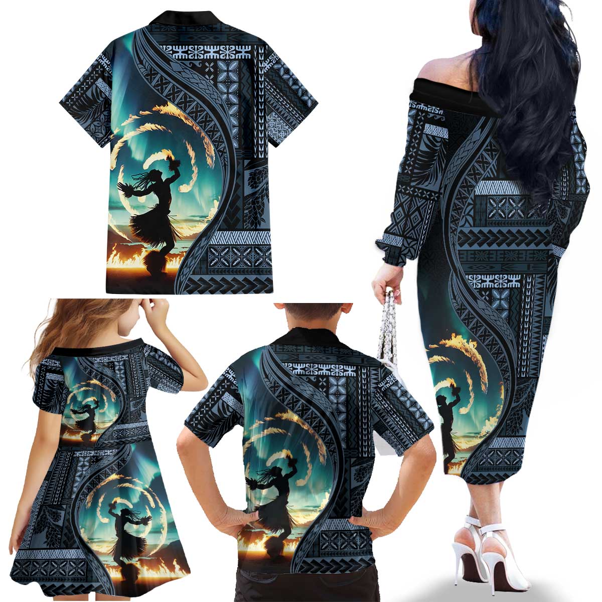 Samoan Siapo Motif and Siva Afi Dance Family Matching Off The Shoulder Long Sleeve Dress and Hawaiian Shirt LT03 - Polynesian Pride