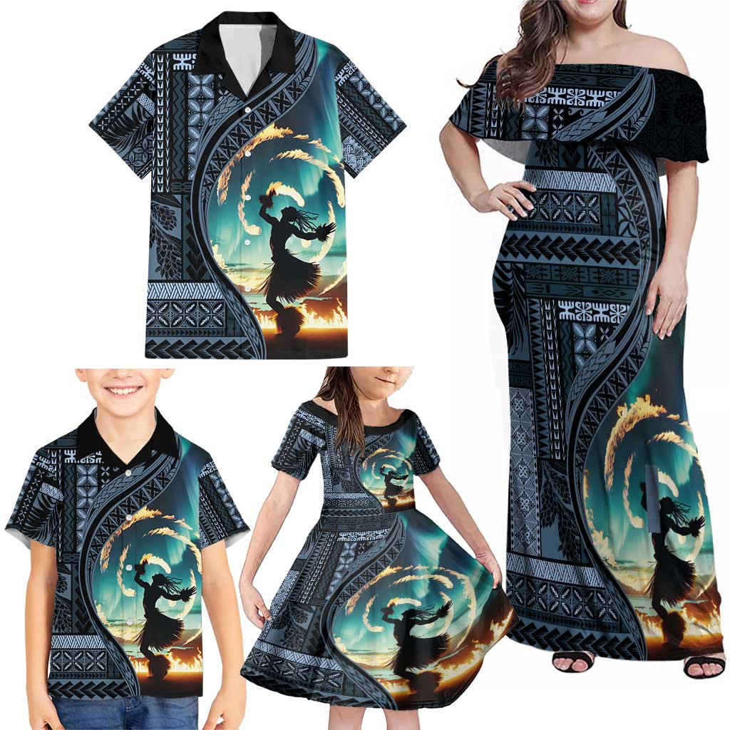 Samoan Siapo Motif and Siva Afi Dance Family Matching Off Shoulder Maxi Dress and Hawaiian Shirt LT03 - Polynesian Pride
