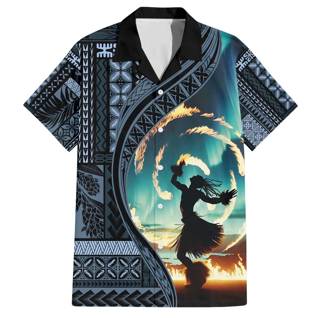 Samoan Siapo Motif and Siva Afi Dance Family Matching Off Shoulder Maxi Dress and Hawaiian Shirt LT03 Dad's Shirt - Short Sleeve Blue - Polynesian Pride